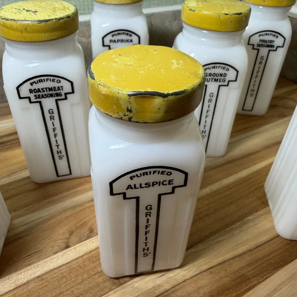 Vintage Griffiths Milk Glass Spice Jars Set of 9 White Art Deco Yellow Lids